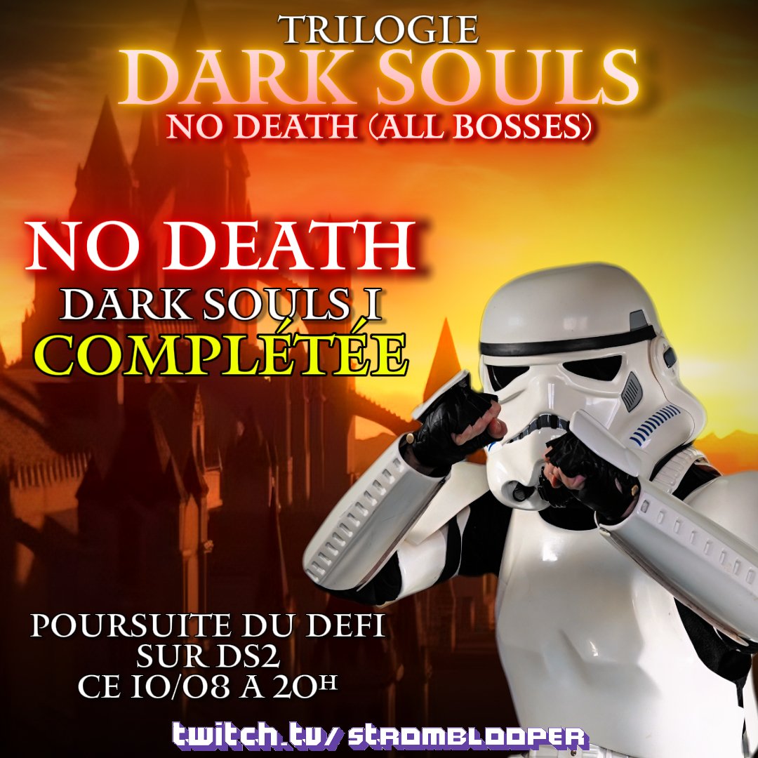 👋
Cette semaine on est parvenu à No Death Dark Souls 1 (all bosses).

On poursuit ce soir 20h sur Dark Souls 2.

Pour que mon défi soit validé, je dois no death les 3 volets Dark Souls à la suite (all bosses).

twitch.tv/StromBlooper