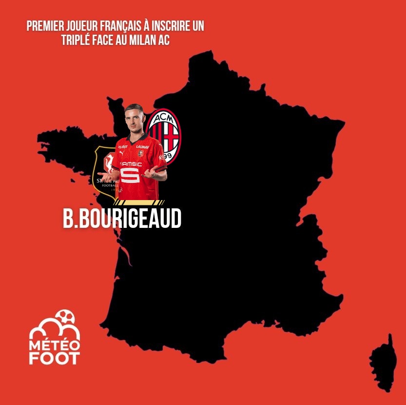 MeteoFootMaps's tweet photo. 🔴⚫️ Ah Bourige.. À jamais le premier !

SRFC - Milan AC (2024)

Son soir de masterclass avec le Stade Rennais !

B.Bourigeaud, PREMIER et SEUL joueur français de l'histoire ayant inscrit un TRIPLÉ face à l'AC Milan.

👏👏@BourigeaudB29 

#Ligue1 #SRFC https://t.co/dKfD5bjxnt