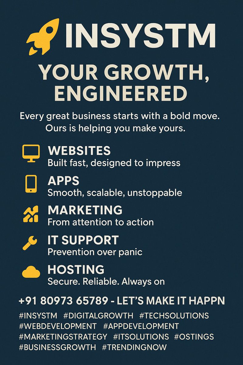 online_insystm's tweet image. 🌟 INSYSTM – Powering Possibilities. Innovation starts today.
💻 Websites – Speed &amp;amp; impact
📱 Apps – Adaptive &amp;amp; scalable
📣 Marketing – Action-driven
🛠️ IT Support – Reliable always
☁️ Hosting – Secure &amp;amp; seamless
📞 +91 80973 65789
\#INSYSTM #BusinessInnovation