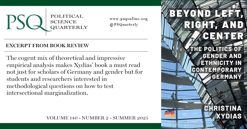 PSQuarterly's tweet photo. Beyond Left, Right, and Center: The Politics of Gender and Ethnicity in Contemporary Germany, Christina Xydias | Reviewed by Sabine Lang at https://t.co/v9Sym1U5Y6