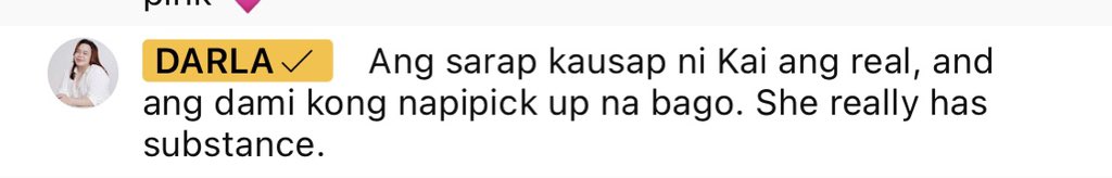 _anjikristine's tweet photo. “Ang sarap kausap ni Kai, ang real, and ang dami kong napipick up na bago. She really has substance.” 

Oh wow 💗
Thank you po, Ms. Darla! 

#KaiMontinola https://t.co/WMCCSrkJiu