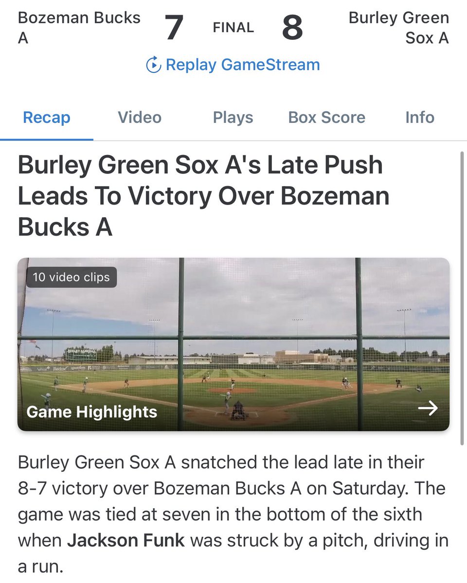 Green Sox Regional Tourney Update-⚾️

In a back-and-forth showdown, the Green Sox held off the Bozeman Bucks for a gritty 8-7 win — ending Bozeman’s run in the tournament.

🏟️ Next challenge: Klamath Falls Falcons
🗓 Today — Sunday, August 10
⏰ 4 PM

Let’s get after it. 💚