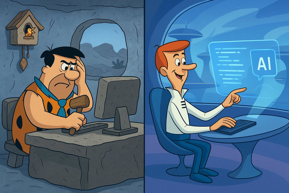🪨 ➡️ 🚀 From Flintstone to Jetson… in just a few years.

On one side:
👨🏻‍💻 Stone-aged devs, wrestling with bugs for hours.
🖥 Chunky rock “computers,” bird-pendulum clocks, slow grind.

On the other:
🤖 Futuristic devs, squashing bugs in seconds.
⚡ AI-powered tools, AI Agents,