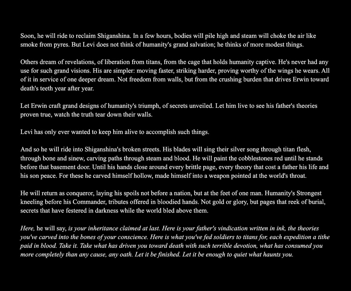 <a href="/LeviFanzine/">STRONGEST - an SnK Fanzine</a> Here's chapter 3 of Immaculate, where the slow-burn finally ignites and confessions unfold in the dark ~ archiveofourown.org/works/68185946… 

And a preview of the final chapter. ♡  #eruri #エルリ