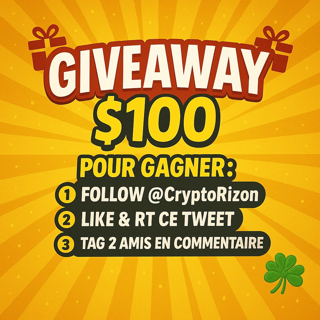 🎁 GIVEAWAY 100$ 🎁

Pour participer :
1️⃣ Follow <a href="/CryptoRizon/">CryptoRizon</a> 
2️⃣ Like &amp; RT ce tweet
3️⃣ Tag 2 amis en commentaire

⏳ Fin du concours : 17 août 
🏆 1 gagnant tiré au sort dans ma prochaine vidéo

Bonne chance à tous 🍀