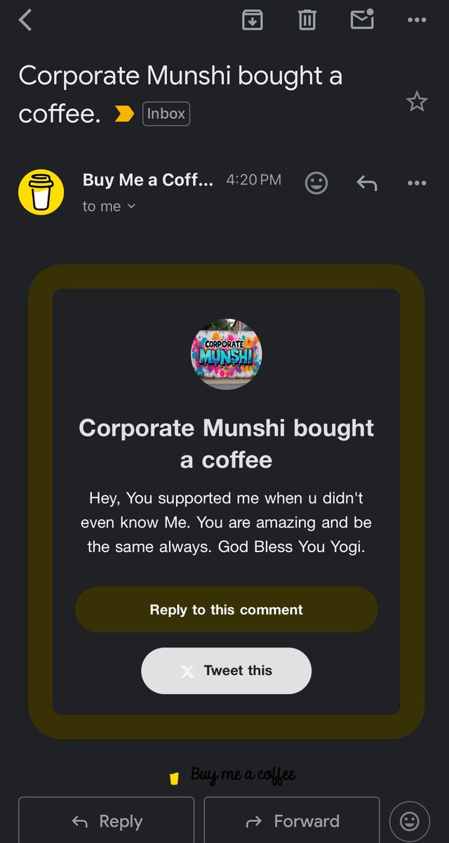Yogi (@abhiyogi) on Twitter photo Today is a Coffee Day!! What a pleasant surprise my friend <a href="/CorporateMunshi/">Corporate Munshi</a> 🥹
I just noticed the email- Thank you so much CM.. I really appreciate your kind gesture. This means a lot ❤️☺️ Today is a Coffee Day!! What a pleasant surprise my friend <a href="/CorporateMunshi/">Corporate Munshi</a> 🥹
I just noticed the email- Thank you so much CM.. I really appreciate your kind gesture. This means a lot ❤️☺️