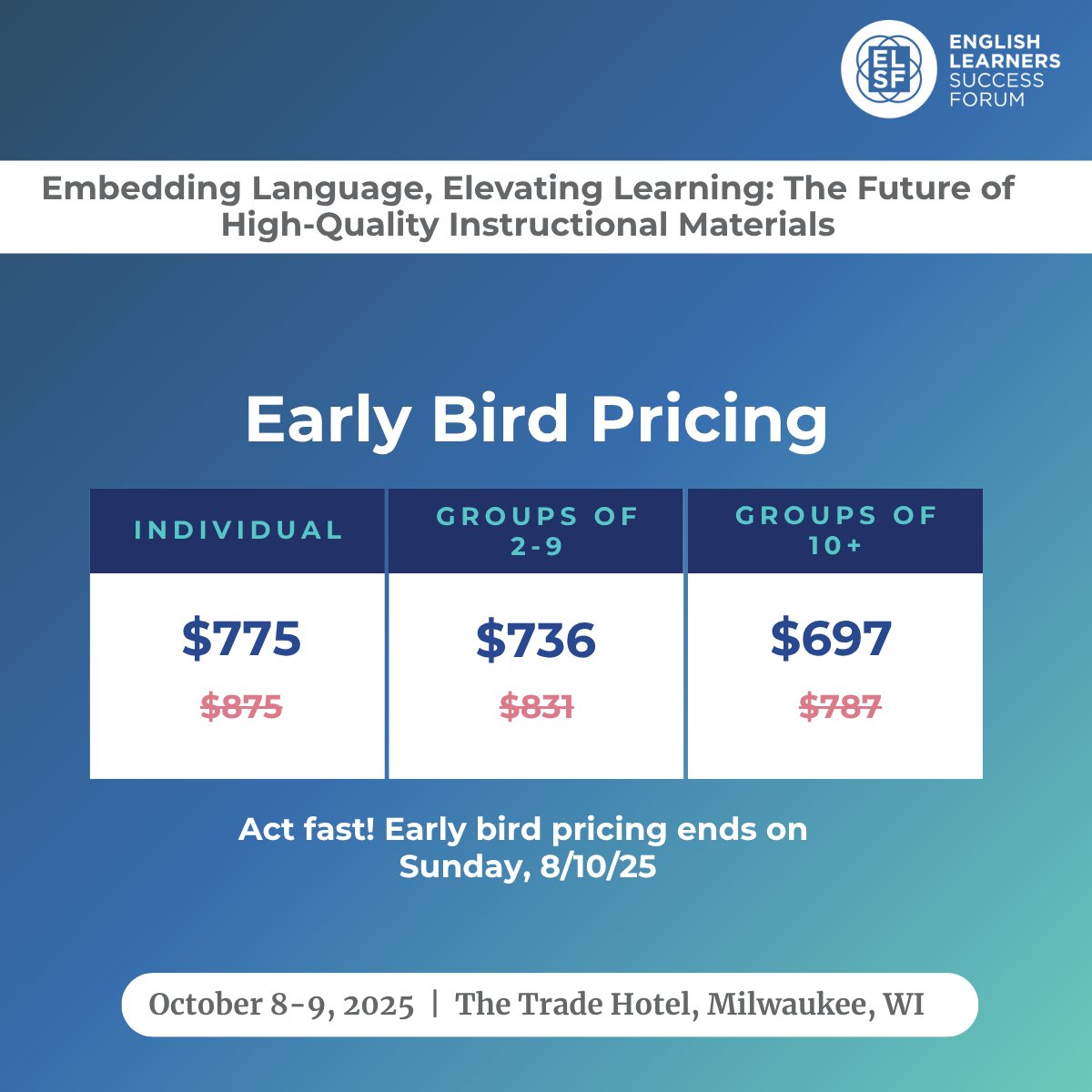 Today, Aug. 10th, is the last day for early bird pricing for #ELSF2025 Annual Convening. Curriculum publishers, register now! elsf.zohobackstage.com/EnglishLearner…