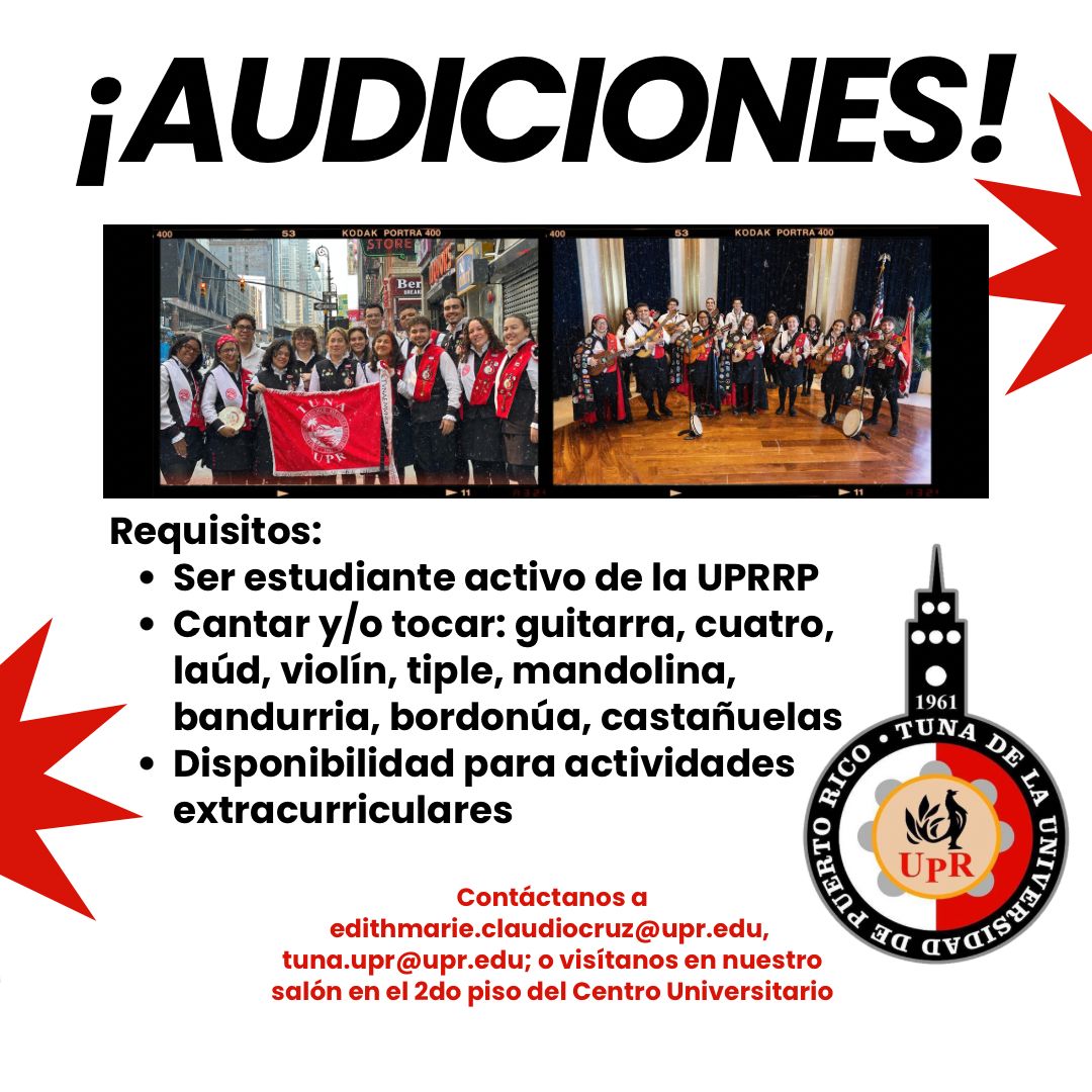 iupialdia's tweet photo. 🎶 ¡La Tuna UPR está en busca de nuevas voces e instrumentos!
Si eres estudiante activo de la UPRRP y te gusta la música, ¡esta es tu señal!
📍Visítalos en el 2do piso del Centro Universitario
📧 tuna.upr@upr.edu
#TunaUPR #IUPIalDía #UPRRP #Gallitos #Jerezanas https://t.co/XLcKHDzXyH