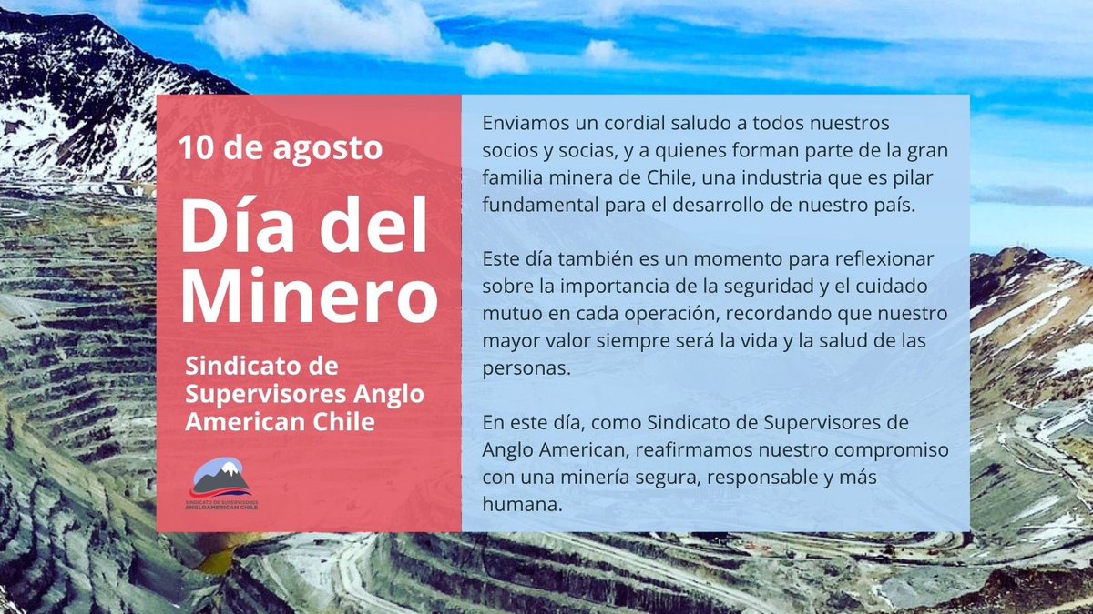 supervisoresang's tweet photo. En el #DíaDelMinero y la Minera, saludamos a nuestros socios, socias y a toda la familia minera de Chile. También es momento de reflexionar sobre la seguridad y el cuidado mutuo: el mayor valor de nuestra labor siempre será la vi
#SeguridadPrimero #MineríaSegura https://t.co/XX025xi1lW