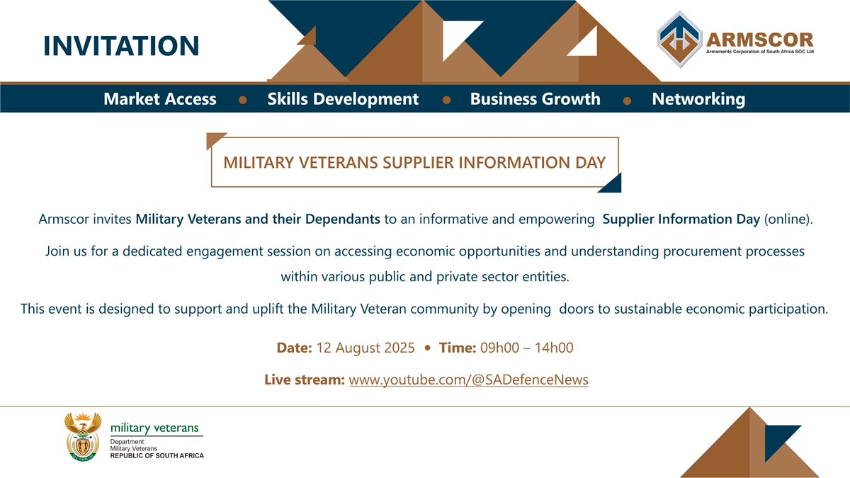 <a href="/ArmscorSoc/">Armscor SOC</a>  invites Military Veterans and their dependents to an informative and empowering Supplier Information Day. Join online by clicking this link: youtube.com/@SADefenceNews
#SANDF  #armscor #militaryveterans