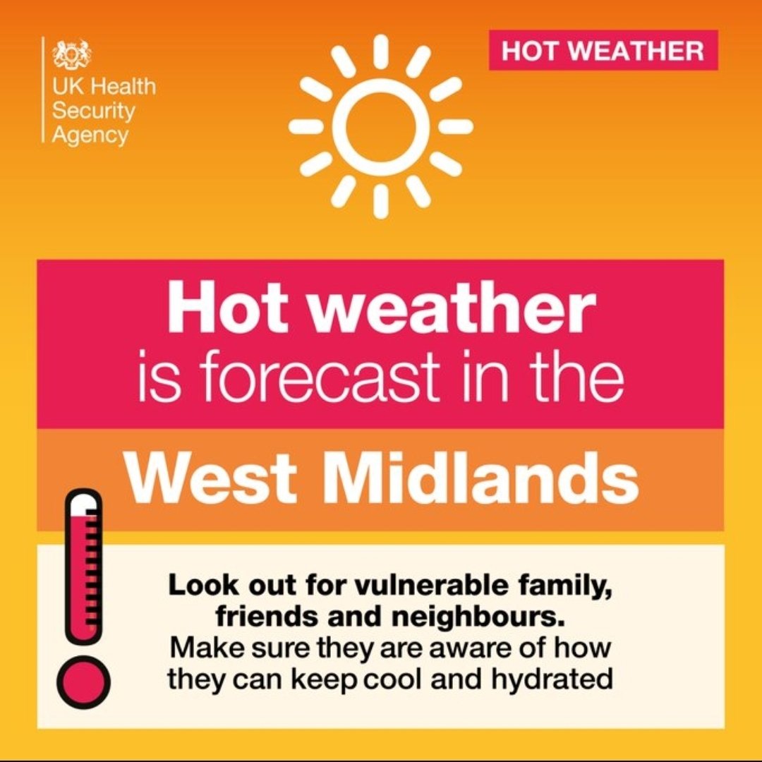 A Yellow Heat Health Alert has been issued for the Midlands from 12:00 PM on Monday, 11th August to 6:00 PM on Wednesday, 13th August. Temperatures are expected to exceed 30°C, with potential highs reaching 33°C. Stay safe, and check in on the vulnerable 🔆
#yellowweatherwarning