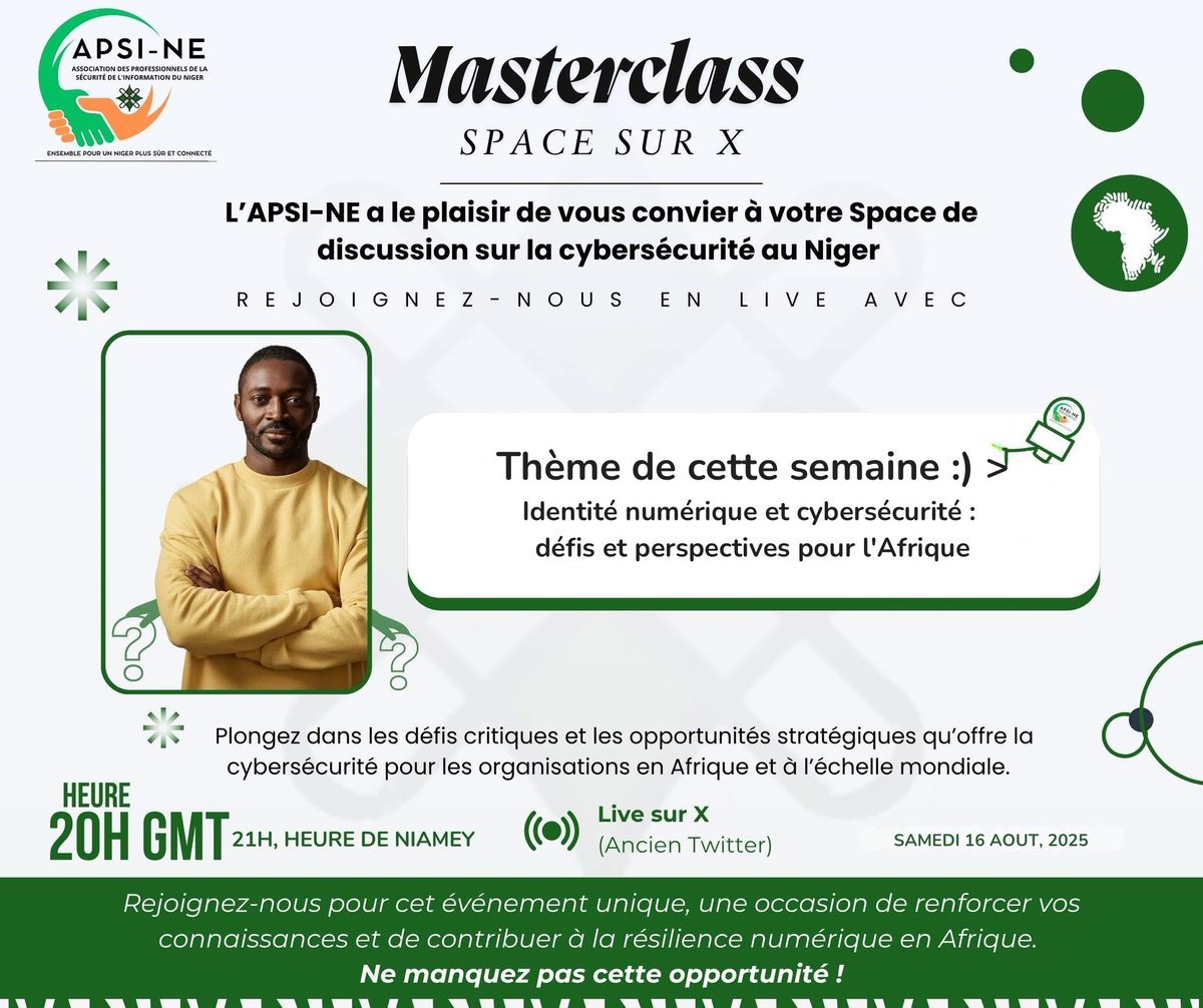 🎙🗣Thème de la semaine :
Identité numérique et cybersécurité: défis et perspectives pour l’Afrique

- Comment protéger notre identité numérique
- Quelles stratégies adopter pour renforcer la cybersécurité en Afrique ?
- Quel rôle pour les États, les entreprises et les citoyens?
