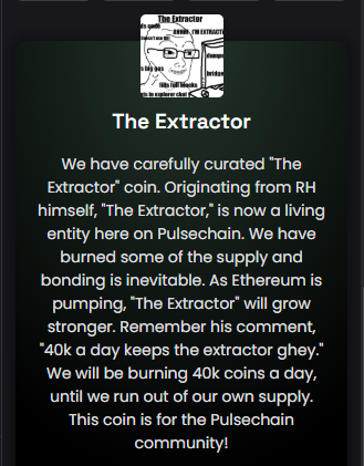 jeffersonbruman's tweet photo. Bought some #Extractor on PulseChain
0xd21d5Dd79F7fDD54b24bA8e1ec74aAE4Cc597650
50K Marketcap - from https://t.co/O6LqWyeTpb @TheExtractor40k https://t.co/mlj9jmJFNk