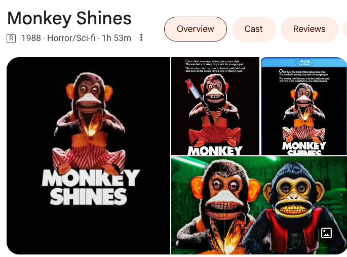 penny_wise34's tweet photo. I thought this movie was mirrored the same as Monkey Shines but its not. Two totally different takes/plots etc. but the pictures are very familiar. Have you read either Monkey - Stephen King short or Monkey Shines 83 book by Michael Stewart? #monkey #monkeyshines #horror https://t.co/1zjbq4RiIp