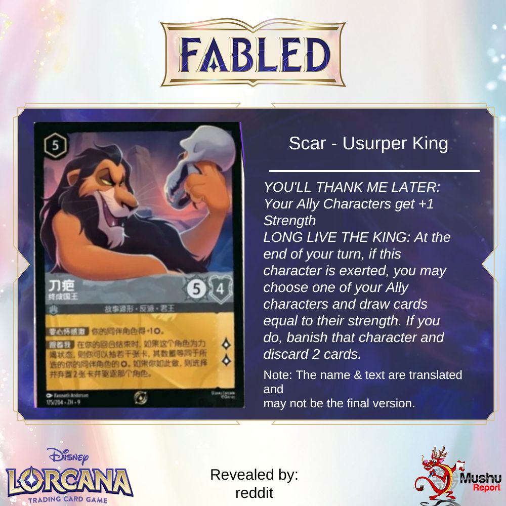 Scar arrives in Fabled!

mushureport.com/scar-usurper-k…

#disneylorcana #fabled