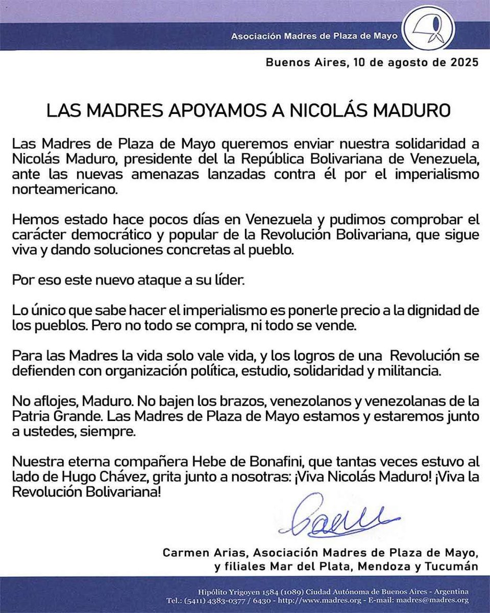 teleSURtv's tweet photo. "En nombre del presidente Nicolás Maduro Moros y del pueblo venezolano, queremos expresar nuestro más profundo agradecimiento a las Madres de Plaza de Mayo, por su constante solidaridad y por su incondicional apoyo ante los ataques del imperialismo. Sus palabras nos llenan de fuerza y nos recuerdan que la dignidad de los pueblos no tiene precio.

Su visita a Venezuela fue un honor y sus testimonios sobre el carácter democrático y popular de nuestra Revolución Bolivariana son un invaluable respaldo. Seguiremos adelante, sin bajar los brazos, con la certeza de que la lucha por la vida y la justicia es un camino que recorremos juntos."

📸: Yván Gil Pinto