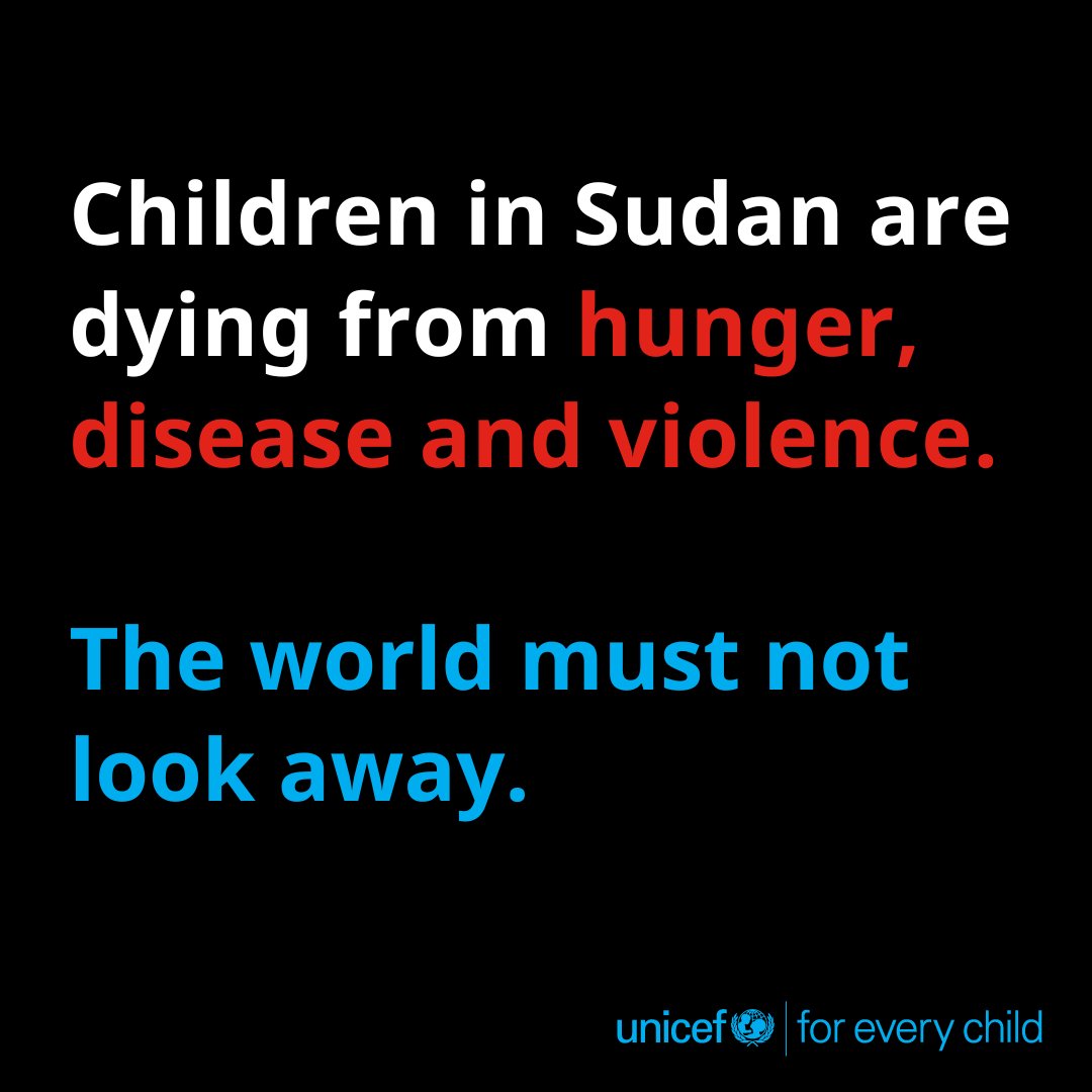 UN's tweet image. Malnutrition. Cholera. Mass displacement.

After two years of war, this is the horrific reality for millions of children in Sudan.

New update from @UNICEF highlights the urgent need for safe, sustained humanitarian access to provide lifesaving services.
unicef.org/press-releases…