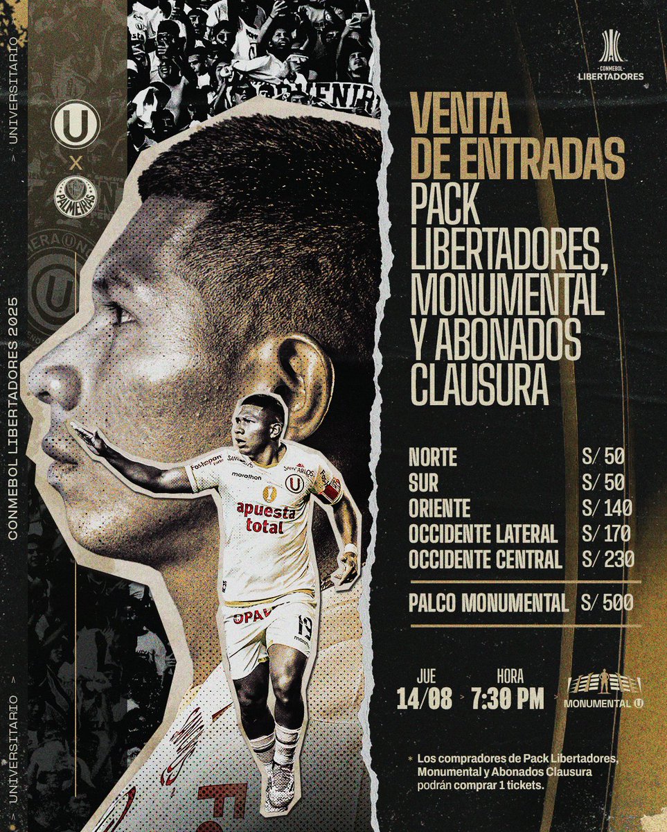 Universitario's tweet photo. 𝗝Ⓤ𝗡𝗧𝗢𝗦 𝗘𝗡 𝗖𝗔𝗗𝗔 𝗣𝗔𝗦𝗢 👊💛

Abrimos la venta de entradas exclusiva para abonados del Torneo Clausura y los Packs Libertadores y Monumental, para nuestro partido ante Palmeiras por los octavos de final de la Copa Libertadores.

🎟️ Adquiere tus entradas aquí ➡️ https://t.co/KHHA1z8Dgh

#UnaGarraCopera