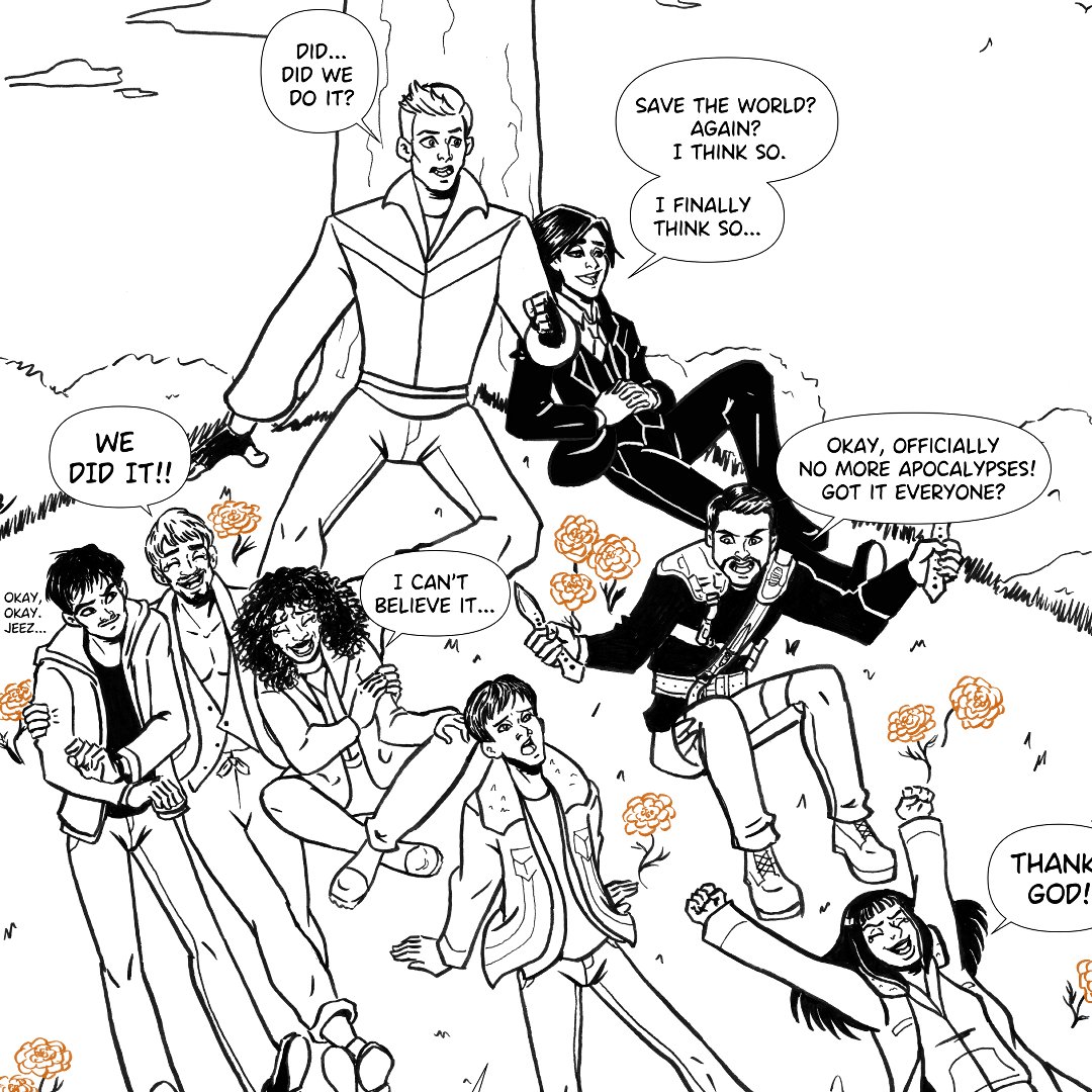 StephBacic's tweet photo. Gosh it's been a while since I posted! But I did a fun piece for the anniversary of one of my favourite shows Umbrella Academy. If TUA were a video game maybe this would be the secret ending we'd earn after surviving nightmare mode and fighting a secret boss fight 🤣 https://t.co/YJpMNsOl2J