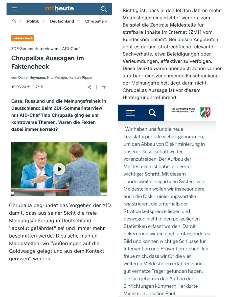Der ZDF Faktencheck zum Sommerinterview mit Tino Chrupalla ist grob irreführend. Es gibt zahlreiche Meldestellen, bei denen strafrechtlich nicht relevante Meinungsäußerung gemeldet werden können. #OerrBlog