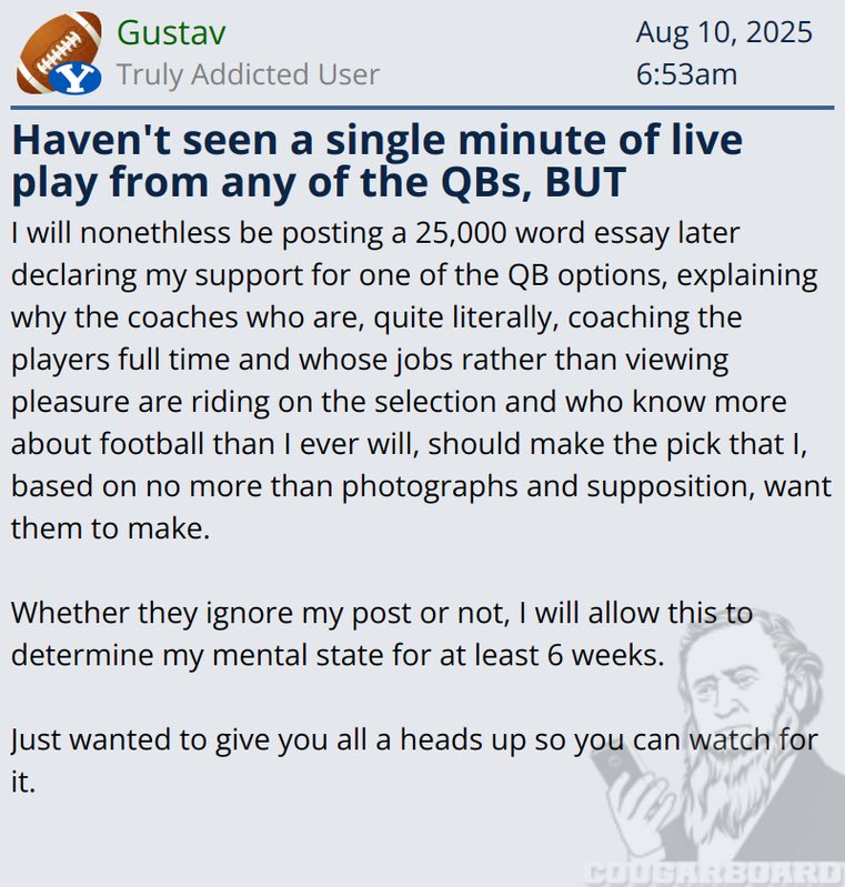 BREAKING: QB1 decision to be finalized after anticipated message board post.

h/t Gustav