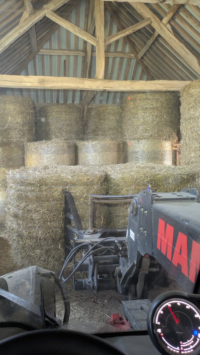 En fauchant un peu + bas, ça aurait fait une fenaison en plus de la paille 😱. 
Ma fille se met en route pour charger au champ, mais je garde le Tetris dans la grange 🧐.