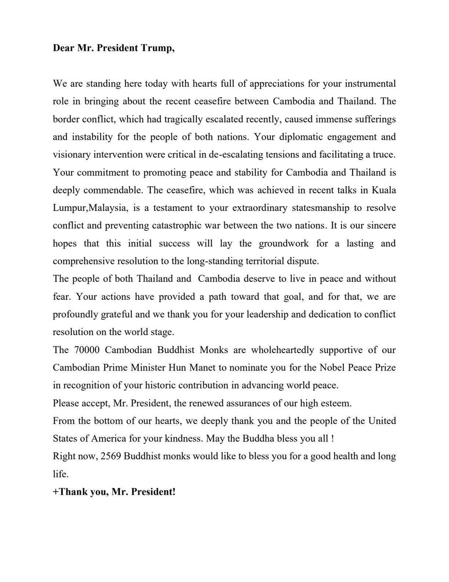 pheaktraneth's tweet photo. 70 000 Cambodian Buddhist Monks are wholeheartedly supportive of our Cambodian Prime Minister Hun Manet to nominate Mr. President Donald Trump for the Nobel Peace Prize  in recognition of your historic contribution in advancing world peace. #Cambodia #exposeThaiLies https://t.co/sUjLMl9XwO