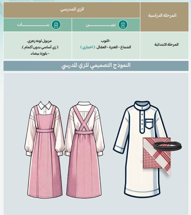رسمياً |  #وزارة_التعليم تعتمد الزي المدرسي الوطني السعودي لكافة المراحل الدراسية، وفق التفاصيل التالية:

• الابتدائي
 • البنين: ثوب + شماغ أو غترة (عقال اختياري)
 • البنات: مريول زهري + بلوزة بيضاء

• المتوسط
 • البنين: ثوب + شماغ أو غترة (عقال اختياري)
 • البنات: تنورة