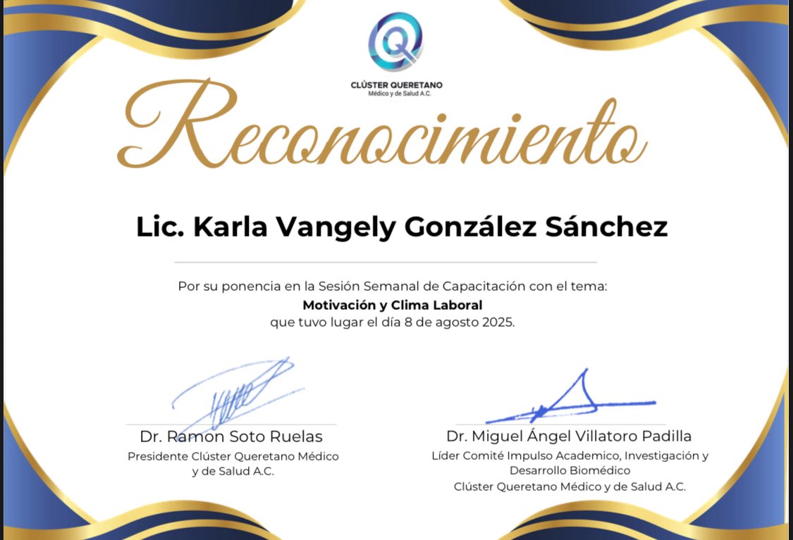 Gracias al Clúster Queretano Médico y de Salud A.C. por este reconocimiento.
Motivación y Clima Laboral no son un lujo: son la base del bienestar, la productividad y la innovación en cualquier organización.

#Motivación #ClimaLaboral #Liderazgo