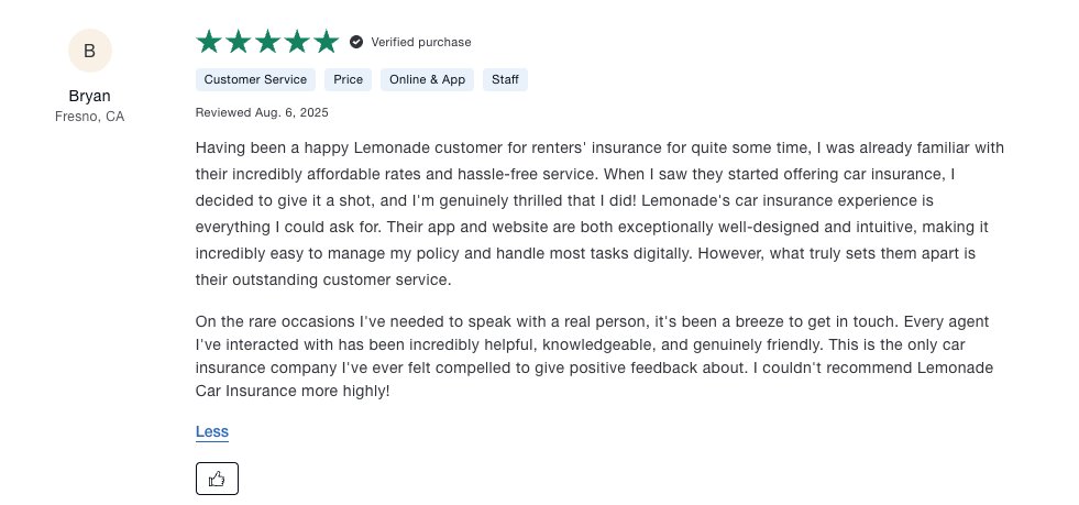 "This is the only car insurance company I've ever felt compelled to give positive feedback about." 

<a href="/Lemonade_Inc/">Lemonade</a>