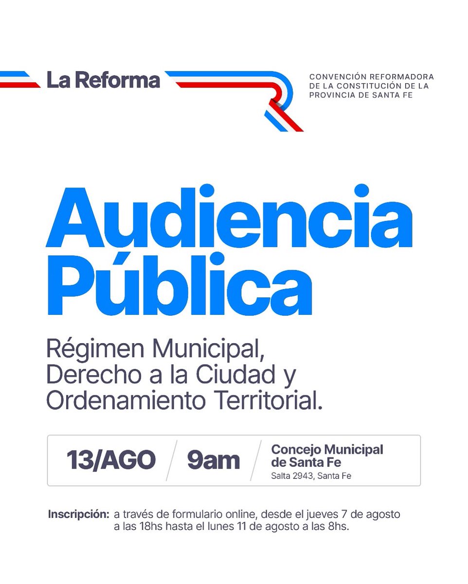 📢 Audiencia Pública – Comisión de Régimen Municipal
📅 Miércoles 13/8 – 9 h
📍 Concejo Municipal de #SantaFe 

🗣️ Inscribite como orador/a hasta el 11/8 – 8 h
🔗 forms.gle/8dr2qeJmLMqTFG…