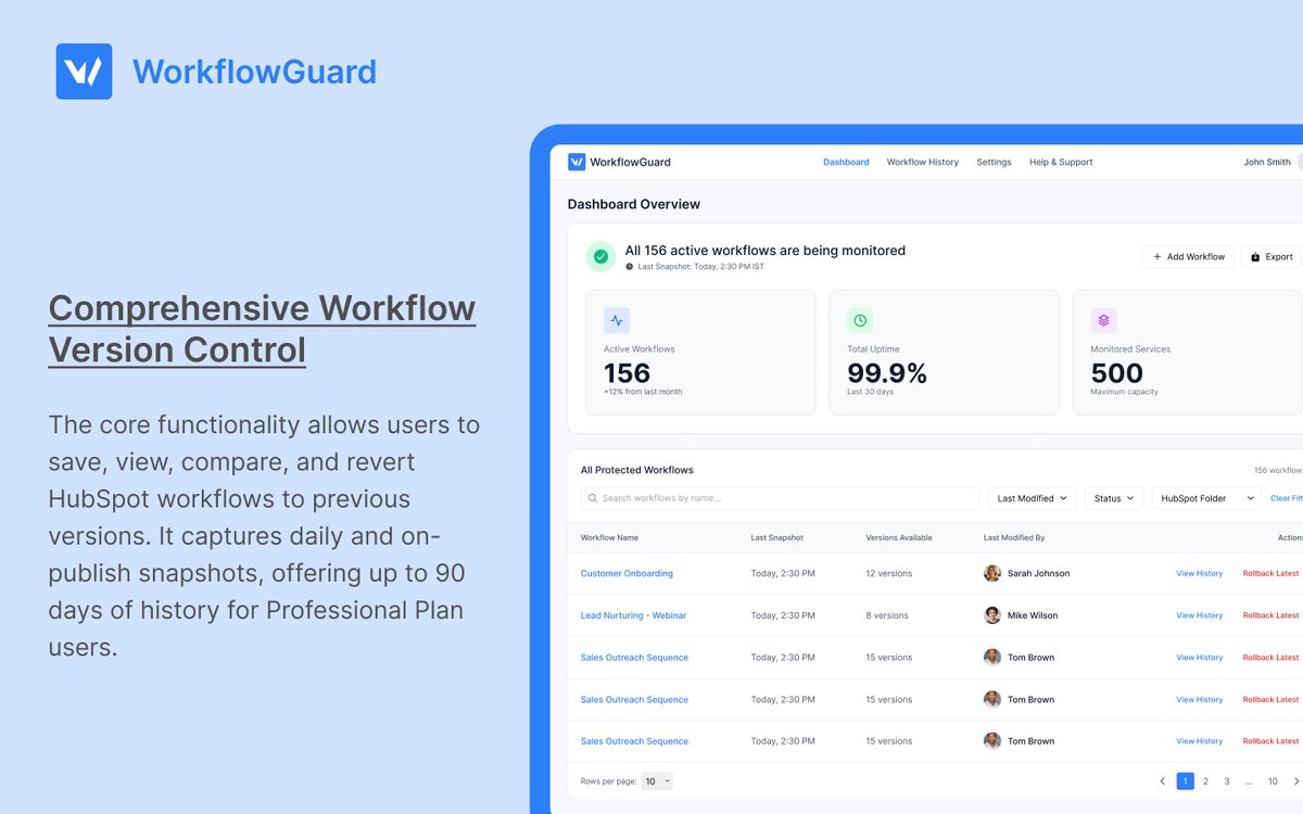workflowguard's tweet image. Tired of worrying about your HubSpot workflows? WorkflowGuard gives you peace of mind with 99.9% total uptime and a single dashboard to monitor all your protected automations. See history and roll back instantly! 🛡️ #HubSpot #SaaS