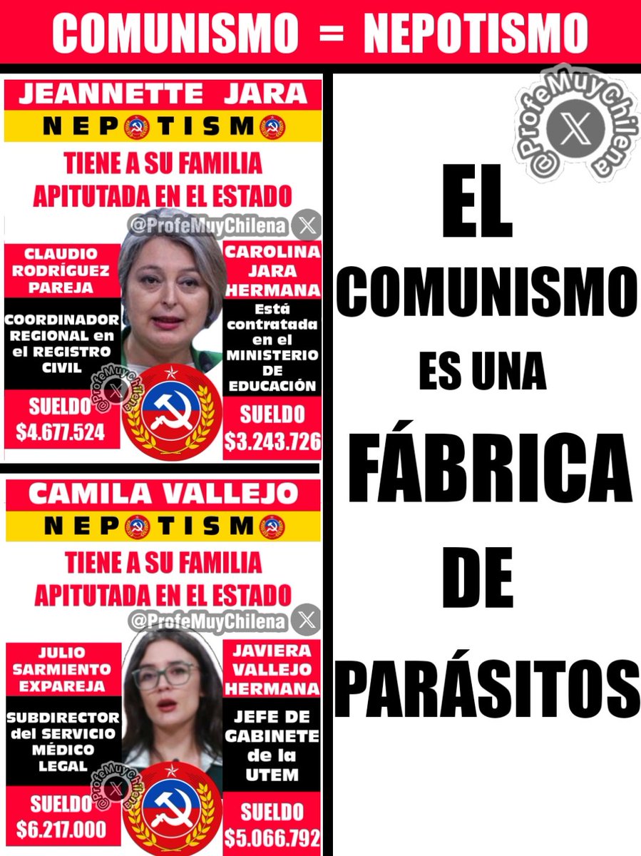 💰🛑🚨 #ALERTA 🚨🛑💰

El COMUNISMO es una FÁBRICA de PARÁSITOS !

LAUTARO CARMONA lleva la delantera!

JEANNETTE JARA :
▪️PAREJA en el REGISTRO CIVIL
▪️HERMANA en el MINEDUC

CAMILA VALLEJO :
▪️EX PAREJA en el SML
▪️HERMANA en la UTEM

NEPOTISMO COMUNISTA ! 

#MesaCentral #Cadem