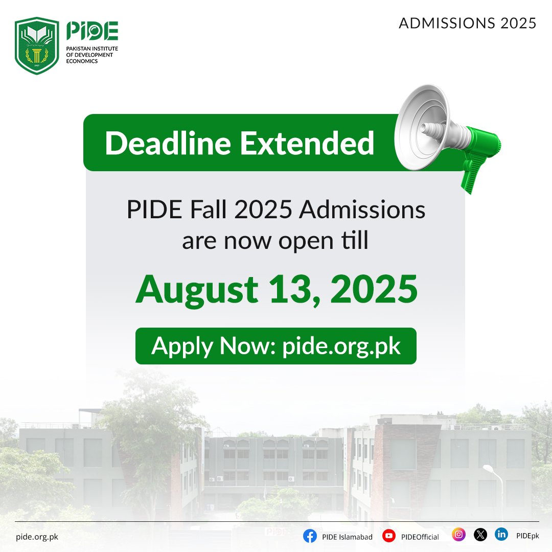 Pakistan Institute of Development Economics (PIDE) (@pidepk) on Twitter photo Considering the overwhelming response, continuous demands, and escalating interest in newly introduced programs at <a href="/PIDEpk/">Pakistan Institute of Development Economics (PIDE)</a> for Fall 2025 admissions, the deadline for application in 2025 Admissions is extended till August 13, 2025.
For those interested in applying, take up this Considering the overwhelming response, continuous demands, and escalating interest in newly introduced programs at <a href="/PIDEpk/">Pakistan Institute of Development Economics (PIDE)</a> for Fall 2025 admissions, the deadline for application in 2025 Admissions is extended till August 13, 2025.
For those interested in applying, take up this