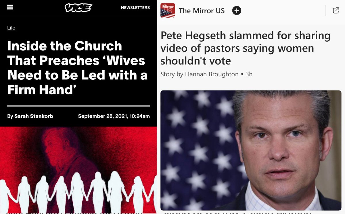 Here’s an <a href="/VICENews/">VICE News</a> piece on the church whose pastors do not believe women should vote, which Trump Sec Def Pete Hegseth just endorsed: “Inside the church that preaches wives need to be led with a firm hand” vice.com/en/article/ins…

(Sunday morning shows ignored it today🤔)