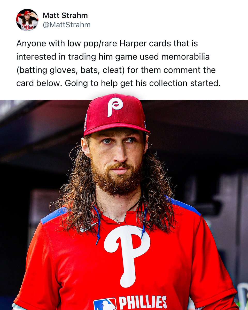 Topps (@topps) on Twitter photo Phillies relief pitcher & renowned collector Matt Strahm is helping Bryce Harper start his card collection! 👀
<a href="/MattStrahm/">Matt Strahm</a> posted that he's looking for any of Harper's rarest cards in exchange for game-used memorabilia. Let's help them out…who’s got a card to trade?? Phillies relief pitcher & renowned collector Matt Strahm is helping Bryce Harper start his card collection! 👀
<a href="/MattStrahm/">Matt Strahm</a> posted that he's looking for any of Harper's rarest cards in exchange for game-used memorabilia. Let's help them out…who’s got a card to trade??