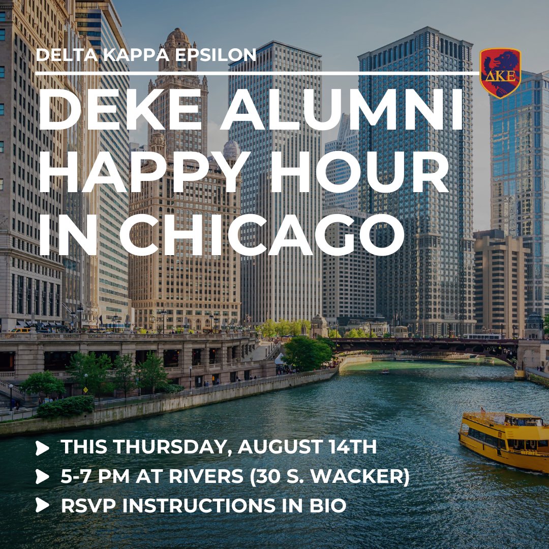 Chicago Dekes: mark your calendars!  📅

Join us this Thursday, August 14th from 5–7 p.m. at Rivers Restaurant (30 S. Wacker Dr.) for a casual alumni happy hour.

RSVP: Email Dave Helverson at david.helverson@wfafinet.com so we can reserve enough tables.