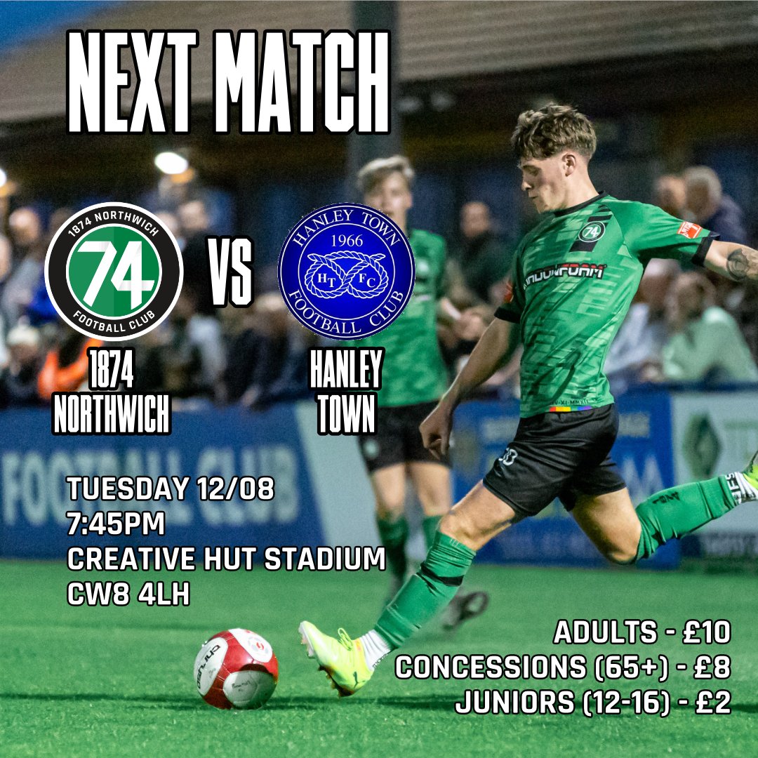 1874Northwich's tweet photo. 🗓️Back home on Tuesday!

We host @HanleyTown66 in the @MidlandLeague 

Come support the Green boys as they hope to take Saturday's momentum into Tuesday's tough test! https://t.co/1mzY4vVUN1