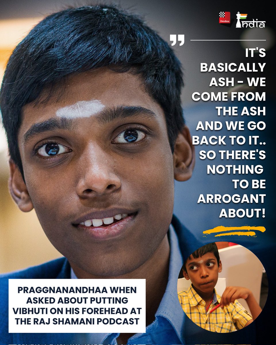 ChessbaseIndia's tweet photo. The World no.4 Chess player, Grandmaster Rameshbabu Praggnanandhaa turns 20 years old today! Wishing you a very happy birthday, Pragg.

This is what Pragg had to say about Putting Vibhuti on his forehead for every game - he was asked about this on his recent podcast with Raj Shamani!

Photos: Lennart Ootes, Amruta Mokal 
#chess #ChessBaseIndia #praggnanandhaa