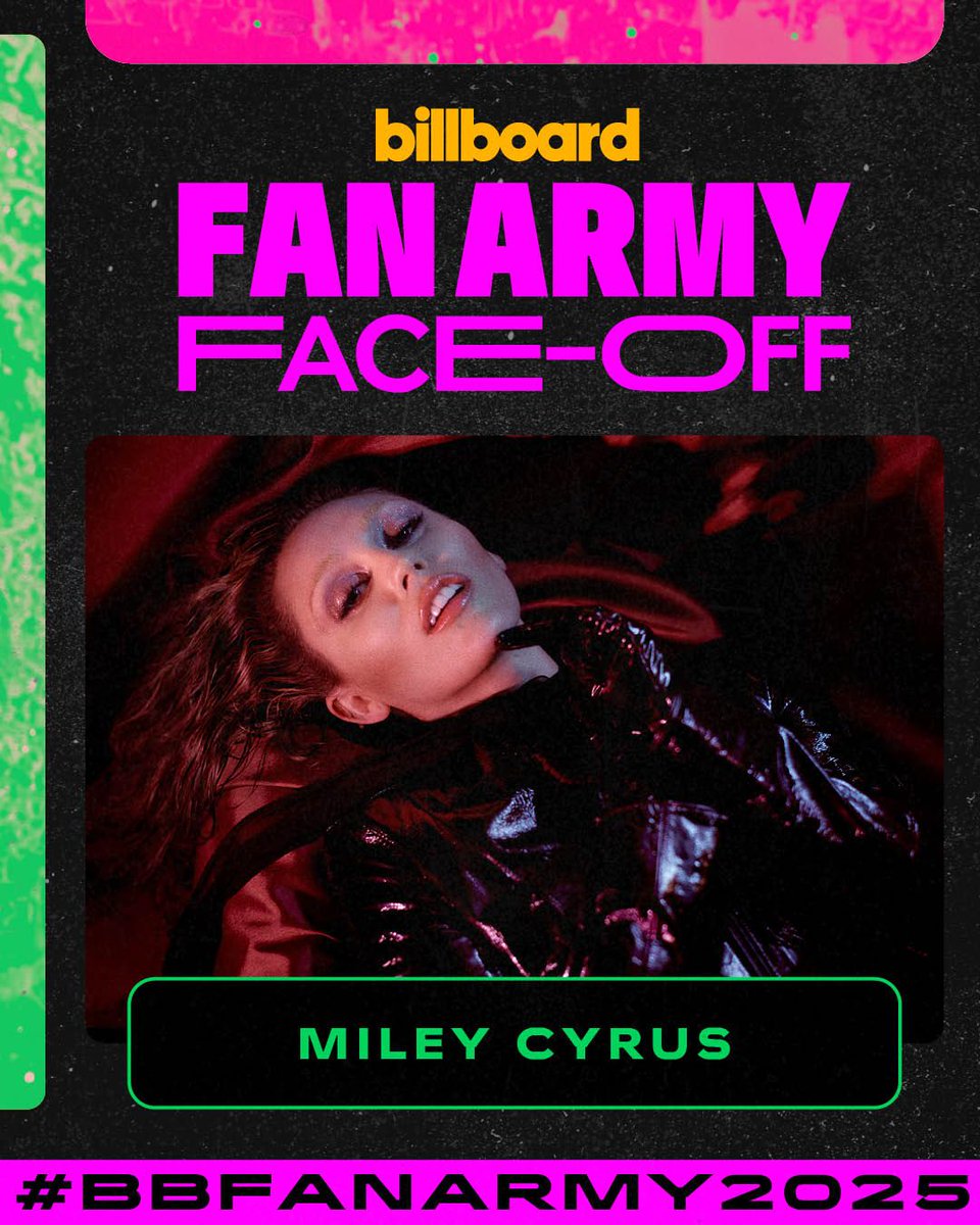 billboard's tweet image. Will Cardi B’s #BardiGang run the Quarterfinals, or will Miley Cyrus’ #Smilers light up the semifinals?

Vote now: bit.ly/46aguyj #BBFanArmy2025