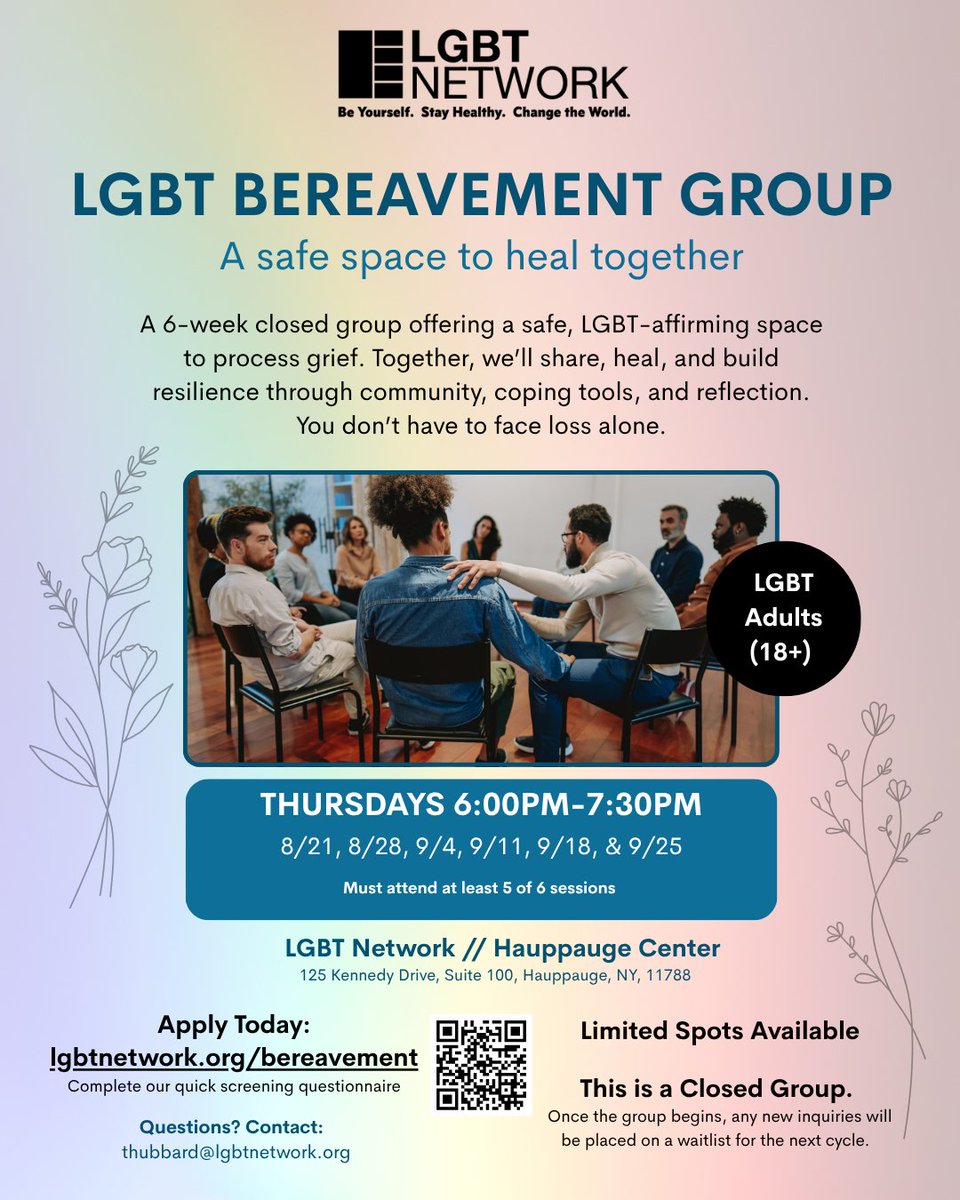 NYLGBTNetwork's tweet image. Many LGBT people don’t have safe spaces to grieve. 💔
Our 6-week LGBT Bereavement Support Group offers healing, connection &amp;amp; community.
📍 In-person | Hauppauge
🗓️ Thursdays, Aug 2025
🔒 Closed group, screening required

Info: lgbtnetwork.org/bereavement/
#LGBTSupport #GriefHealing