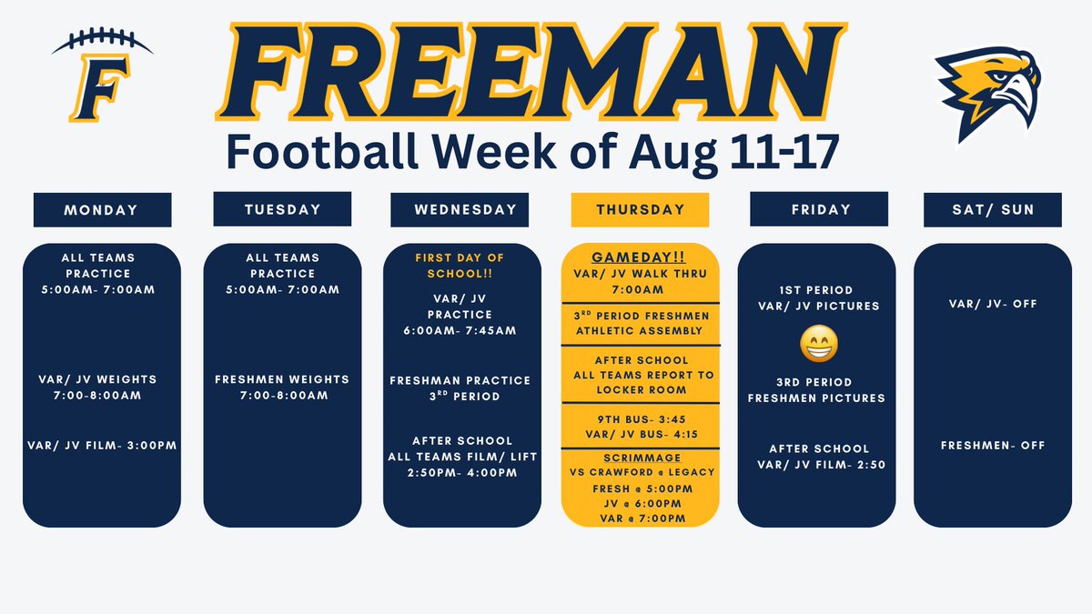 Freeman High School Football (@fhsgoldfootball) on Twitter photo Check out what’s happening this week with Freeman Football!
#GoldBlooded
<a href="/fhsgoldboosters/">Freeman HS Athletic Booster Club</a> Check out what’s happening this week with Freeman Football!
#GoldBlooded
<a href="/fhsgoldboosters/">Freeman HS Athletic Booster Club</a>
