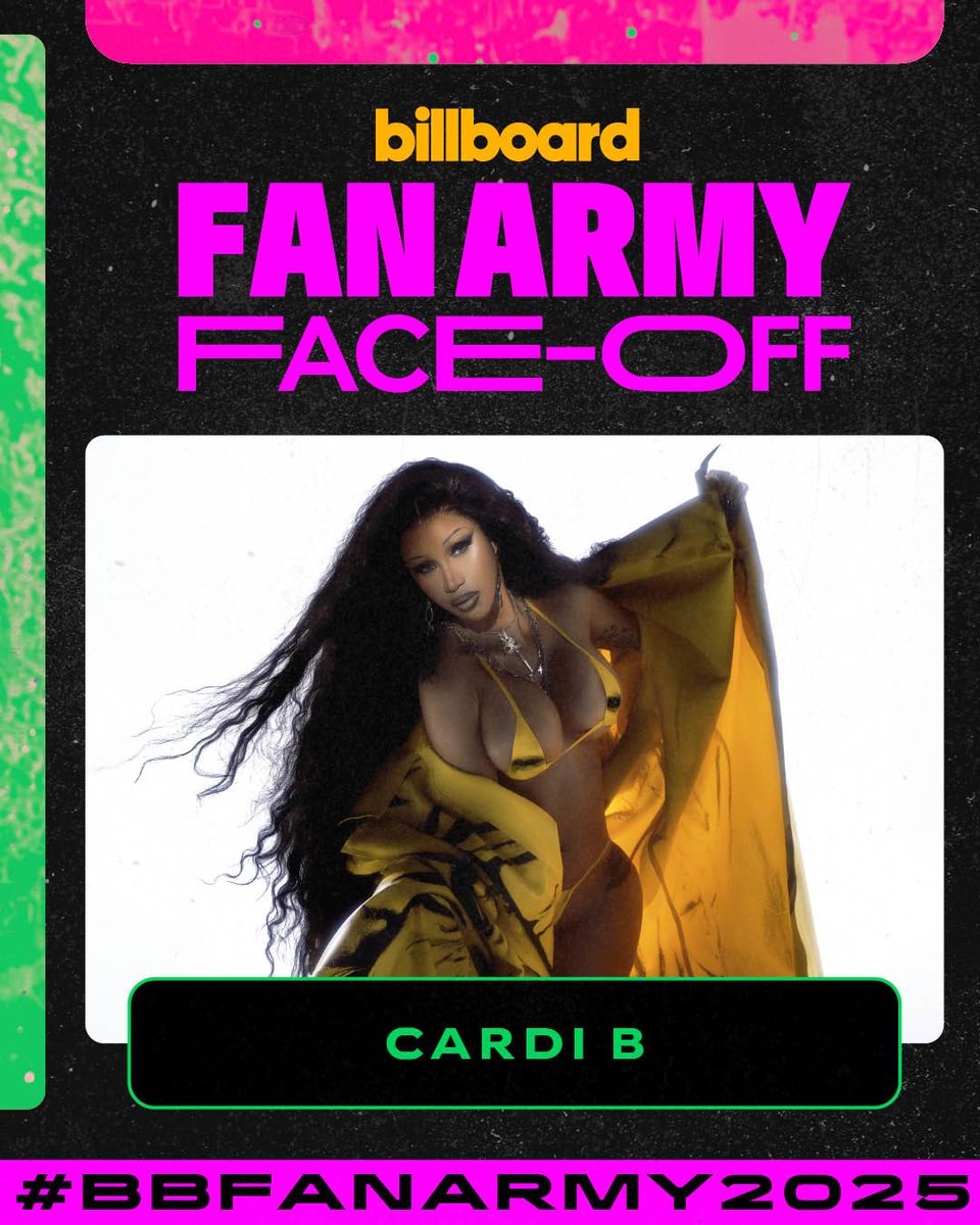 billboard's tweet image. Will Cardi B’s #BardiGang run the Quarterfinals, or will Miley Cyrus’ #Smilers light up the semifinals?

Vote now: bit.ly/46aguyj #BBFanArmy2025