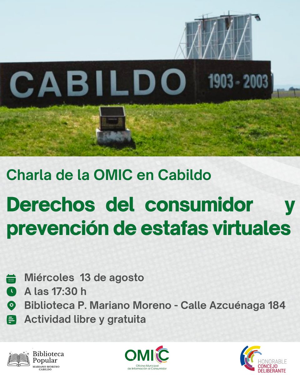 CHARLA DE LA OMIC EN CABILDO

📢 La Oficina municipal de información al consumidor (OMIC) asesora y defiende a consumidores. Este 13/8, 17:30 h en Cabildo, charla gratuita en Biblioteca Mariano Moreno: derechos del consumidor y cómo evitar estafas virtuales 💻🔒