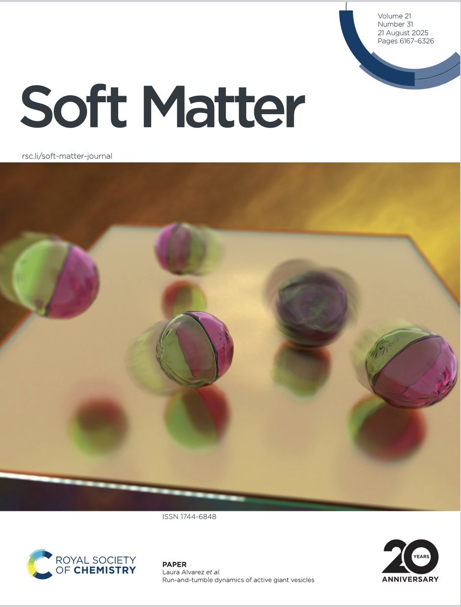 Our recent article "Run and tumble dynamics of active Janus vesicles" in <a href="/softmatter/">Soft Matter</a> has been featured on the cover of the journal.

Check out the published article: pubs.rsc.org/en/content/art…

Congrats to Vivien Willems for this nice work!