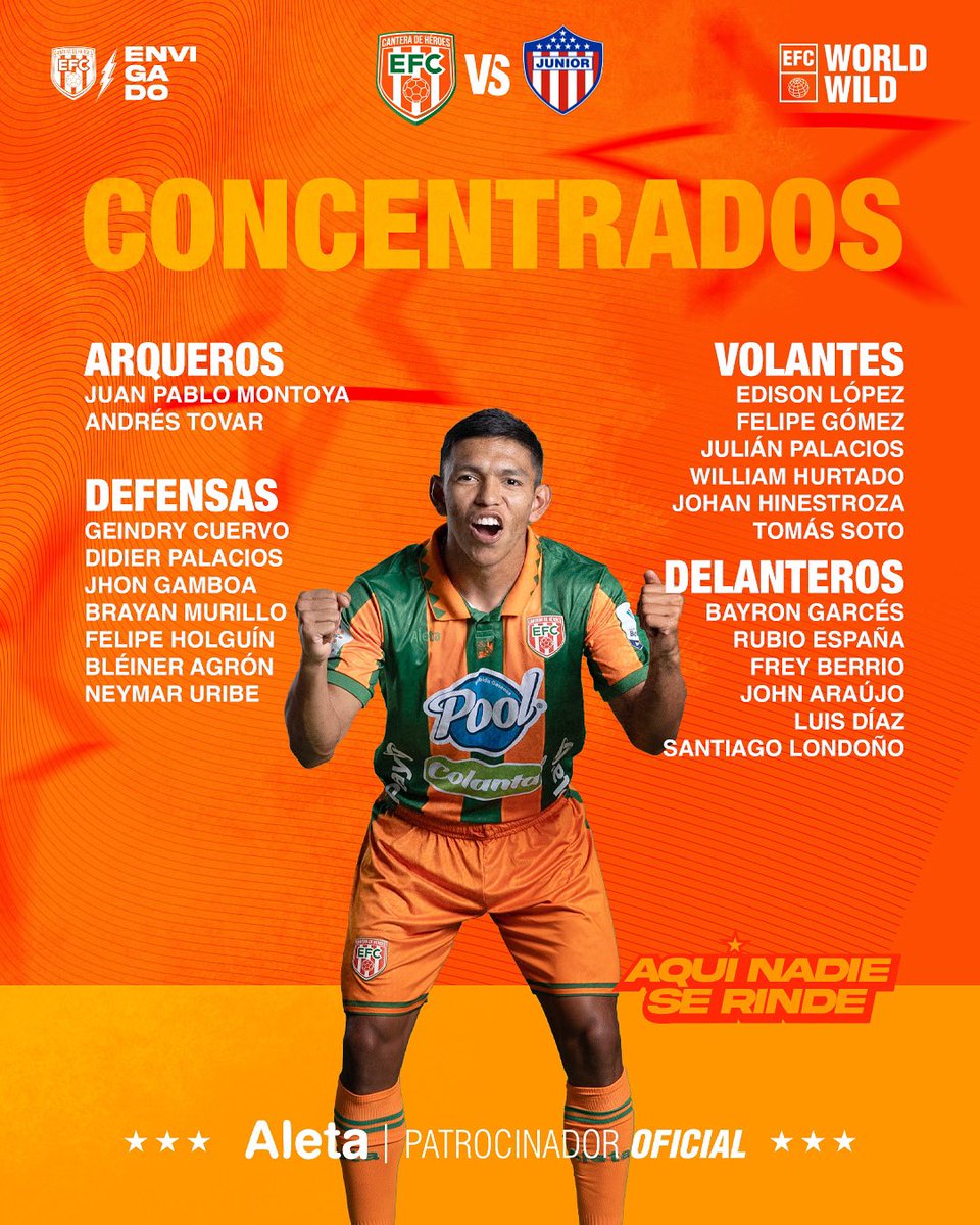 EnvigadoFC's tweet photo. Estos son los llamados a disputar la sexta fecha, está tarde en el polideportivo sur ⚽ 

13 de los convocados son canteranos

Este espacio es presentado por #Aleta  

Aquí nadie se rinde 🧡💪🏻

🍊#CanteraDeHéroes • #EFC https://t.co/KzwsElo5jC