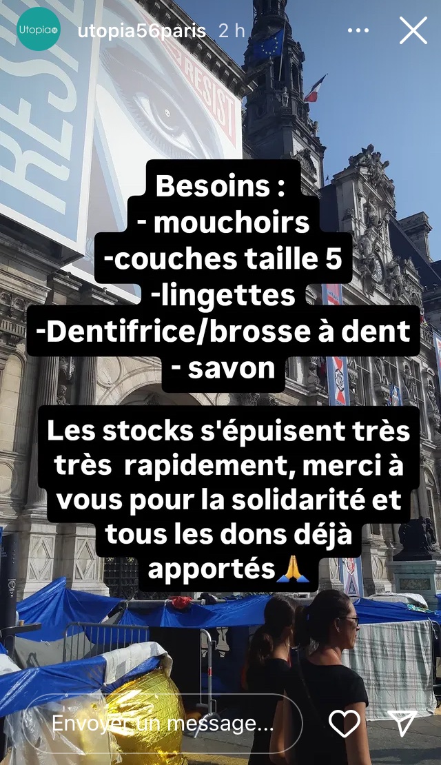 ⚠️IMPORTANT ET URGENT⚠️

Si vous êtes sur Paris, allez soutenir les familles avec enfants qui occupent le parvis de l’Hotel de ville pour réclamer des logements !

Liste des besoins en dons 👇

Et relayez les posts de <a href="/Utopia_56/">Utopia 56</a> pour mettre la pression à la mairie !