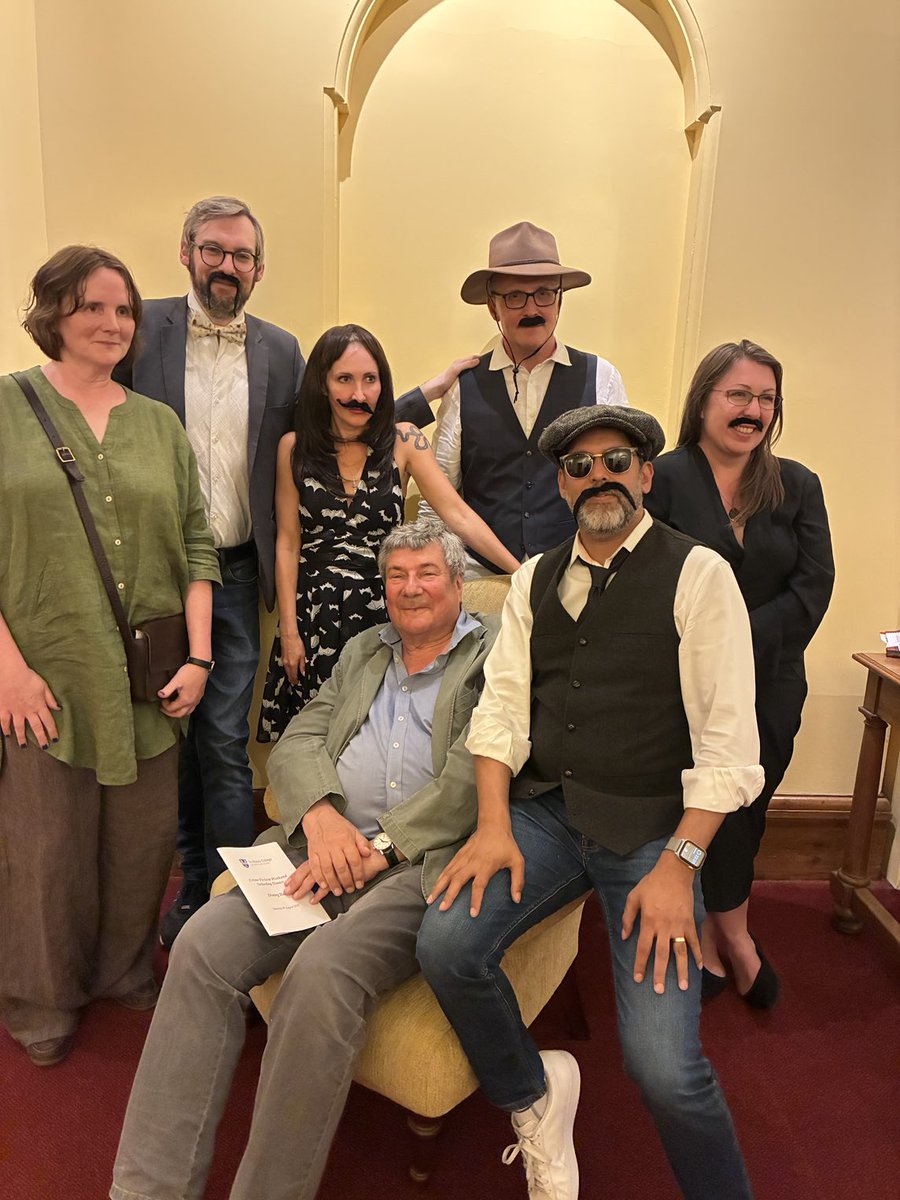 Philip_Gooden's tweet photo. Cast, programme director Sarah Hilary and play author resting (their moustaches) after performance of Who Killed Johnnie Alucard?
⁦@sarah_hilary⁩ 
⁦@HildasCrime⁩ 
⁦@radiomukhers⁩ 
⁦@JakeKerridge⁩ 
⁦@RuthWareWriter⁩ 
@Anna_Mazz
@WilliamRyan_ https://t.co/u0OhOqUX03