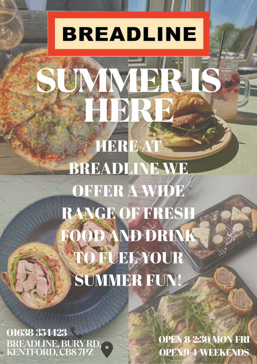 LoveNewmarket's tweet image. Summer dining? Breadline 24  has you covered. Open Mon-Fri 8:00- 2:30, Sat and Sun 9:00-4:00 pop in to enjoy a range of fresh food and drinks to fuel your summer ☀️ Find them at Phoenix Cycleworks in Kentford.

#SummerFuel #Breadline #Kentford #SupportLocal #LoveNewmarket