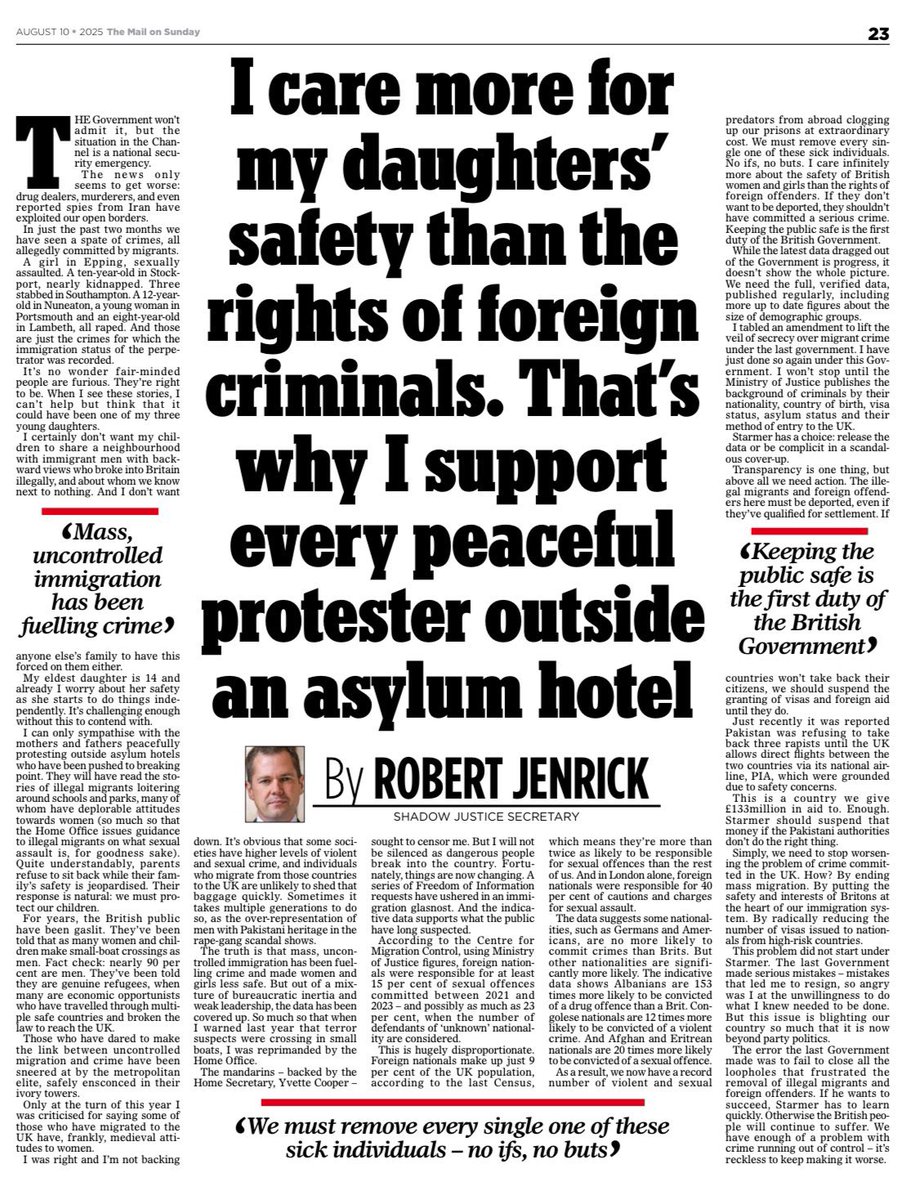 Disgusting campaign by Robert Jenrick. Pandering to racism in the hope of winning over Reform UK voters &amp; fanning the flames of far right street protests. We must oppose politicians &amp; political parties attempting to out-racist one another and mobilise against the far right.